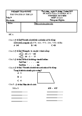 2 Đề kiểm tra cuối học kỳ 1 môn Toán Lớp 35 - Năm học 2015-2016 - Trường TH An Thuận (Có đáp án)